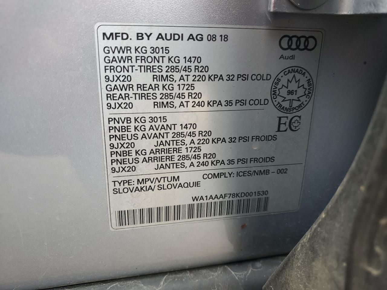 2019 Audi Q7 Premium VIN: WA1AAAF78KD001530 Lot: 92943135