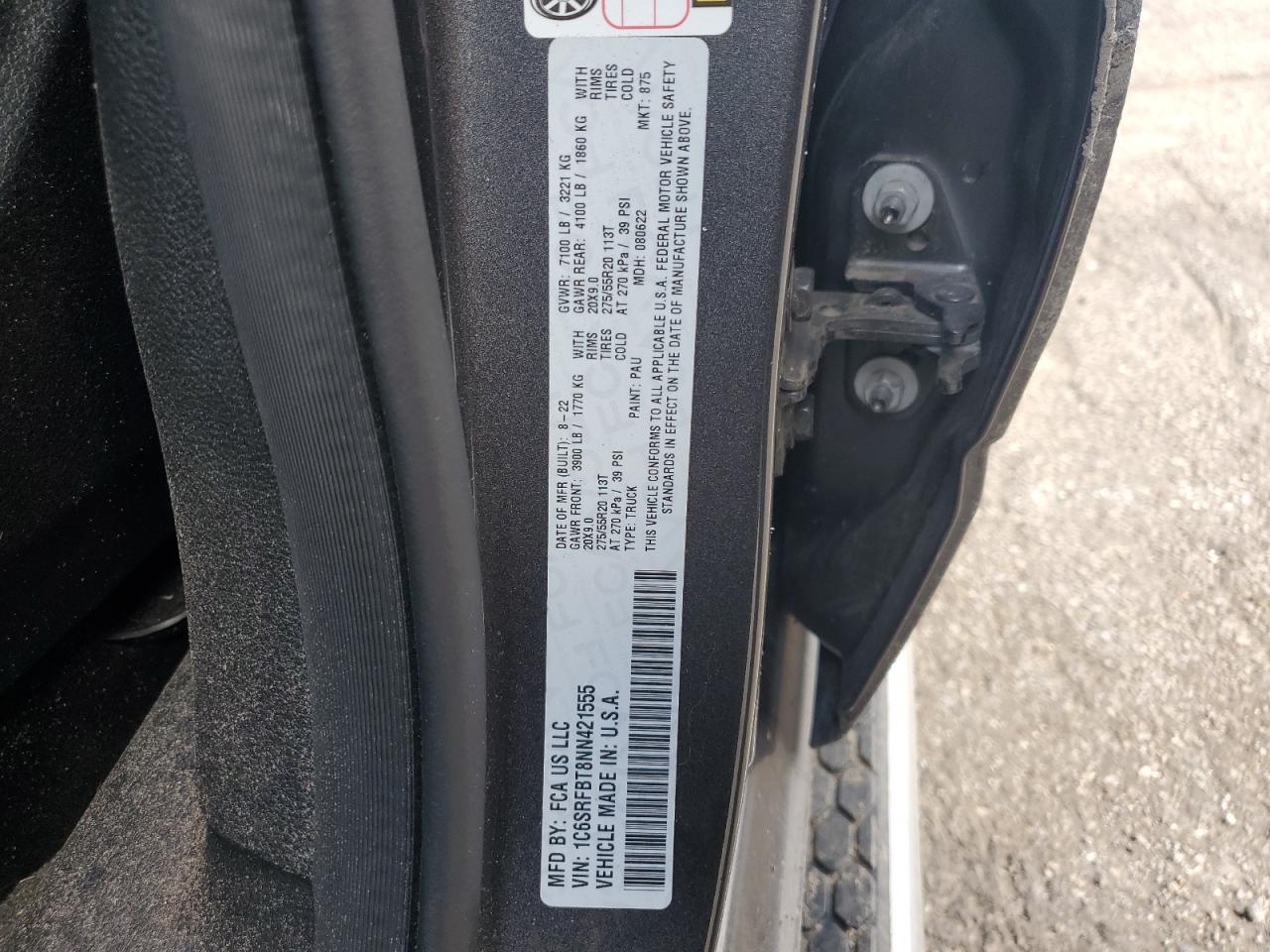 2022 Ram 1500 Big Horn/Lone Star VIN: 1C6SRFBT8NN421555 Lot: 91041255