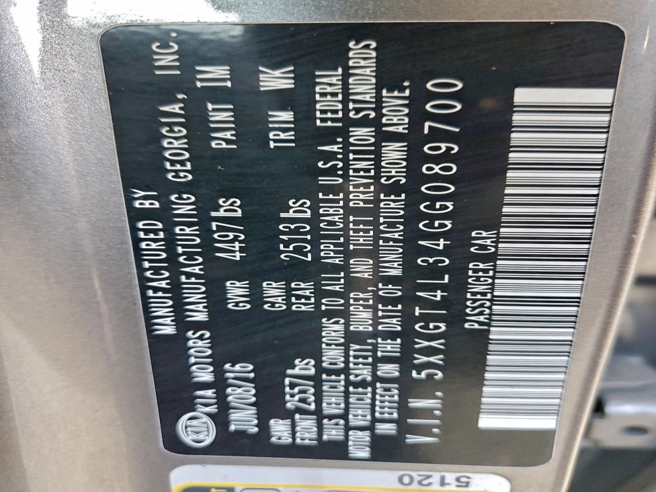 2016 Kia Optima Lx VIN: 5XXGT4L34GG089700 Lot: 94493325