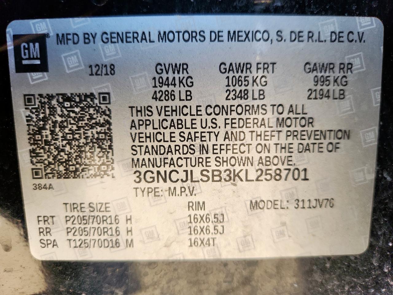 2019 Chevrolet Trax 1Lt VIN: 3GNCJLSB3KL258701 Lot: 91530745