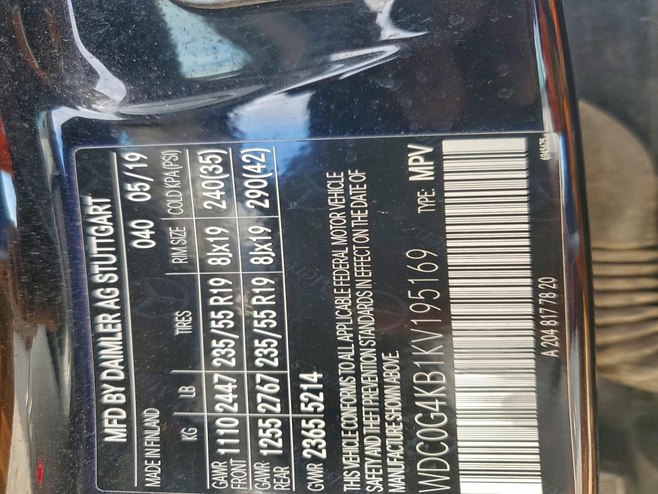 2019 Mercedes-Benz Glc 300 4Matic VIN: WDC0G4KB1KV195169 Lot: 94120555