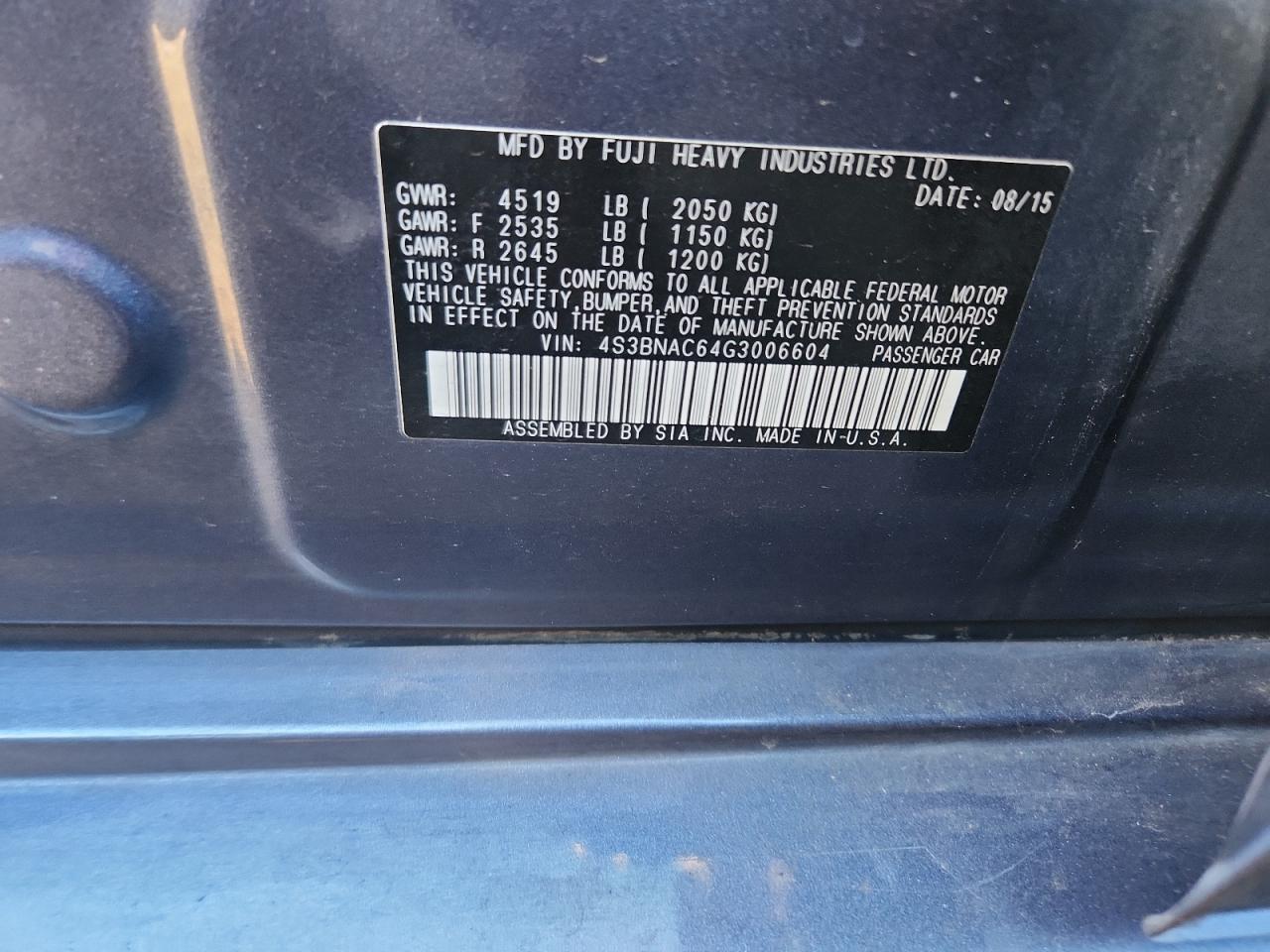 2016 Subaru Legacy 2.5I Premium VIN: 4S3BNAC64G3006604 Lot: 92474855