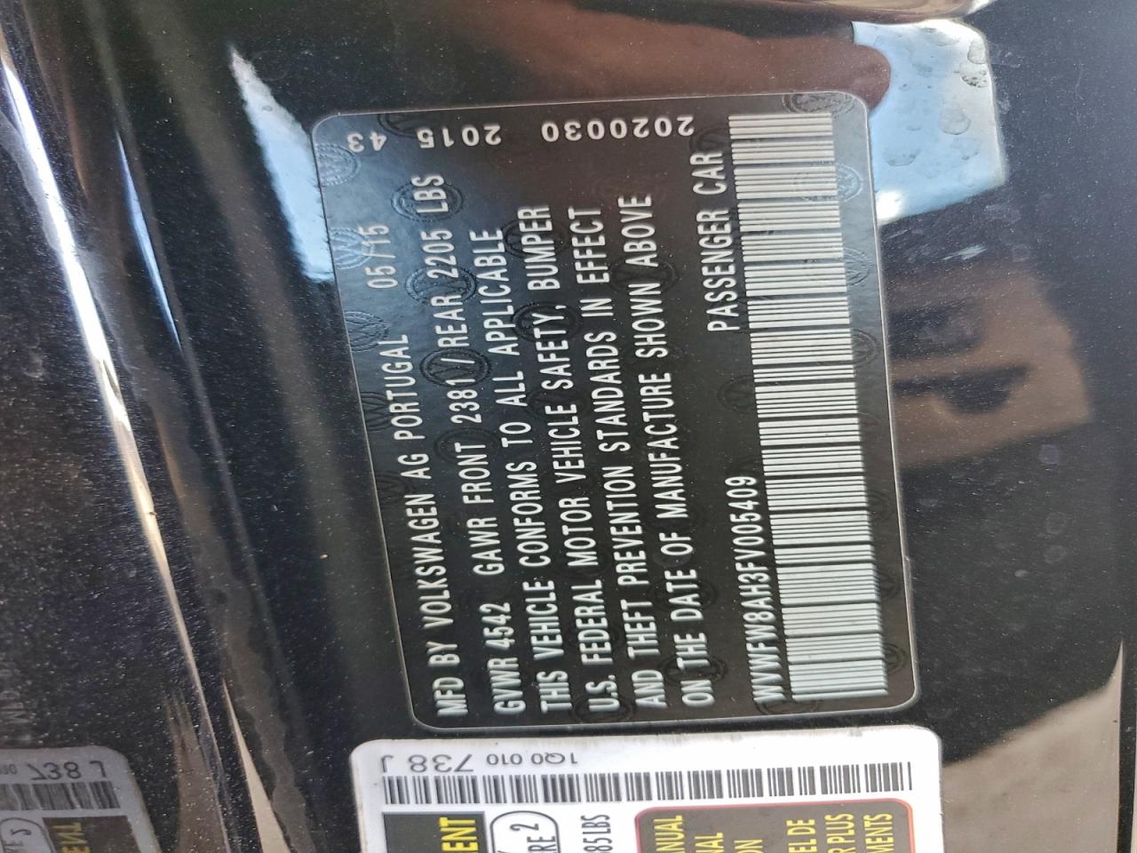 2015 Volkswagen Eos Lux VIN: WVWFW8AH3FV005409 Lot: 94220995