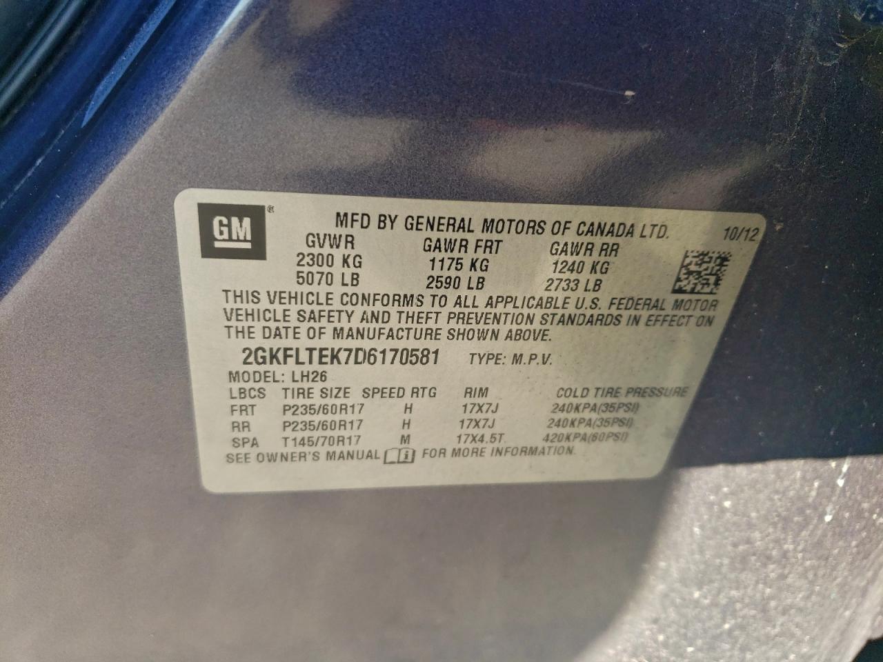 2013 GMC Terrain Sle VIN: 2GKFLTEK7D6170581 Lot: 86659515