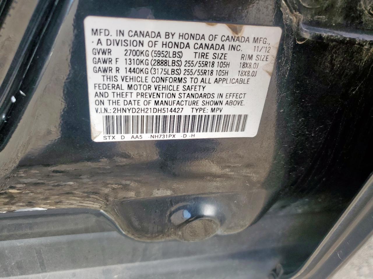 2013 Acura Mdx VIN: 2HNYD2H21DH514427 Lot: 92501035