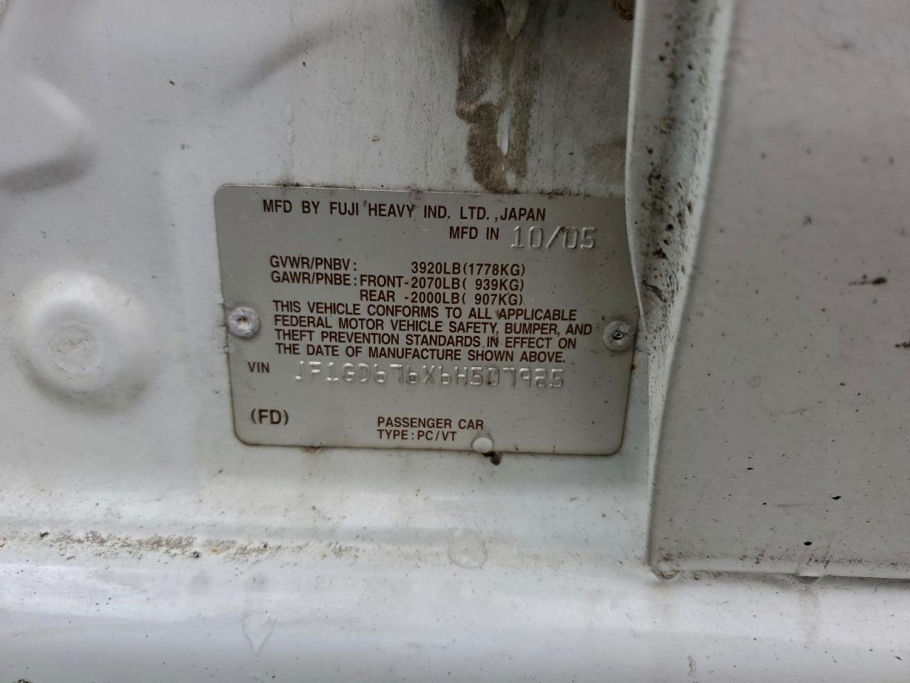 2006 Subaru Impreza 2.5I VIN: JF1GD676X6H507925 Lot: 93853405