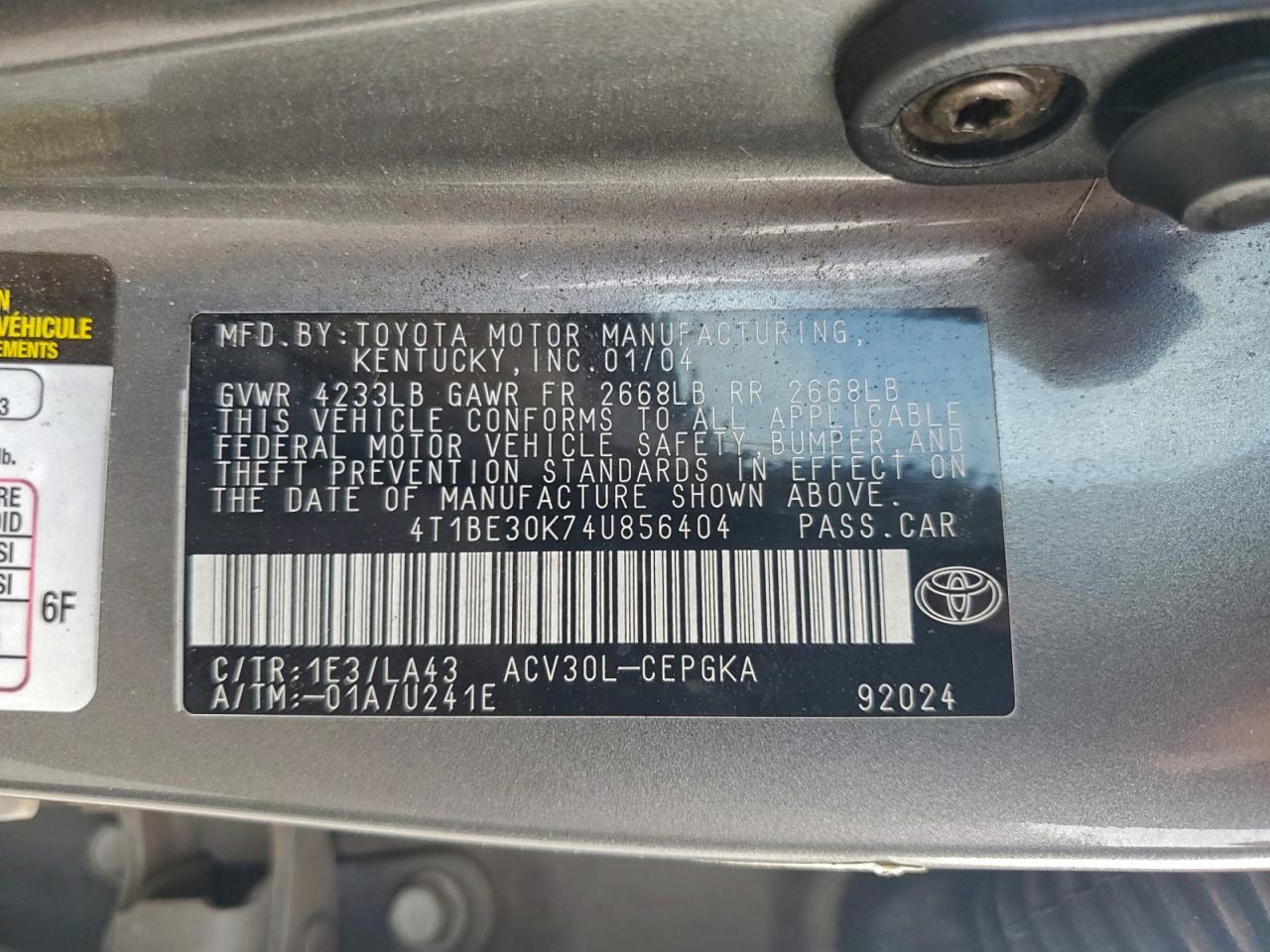 2004 Toyota Camry Le VIN: 4T1BE30K74U856404 Lot: 94689585