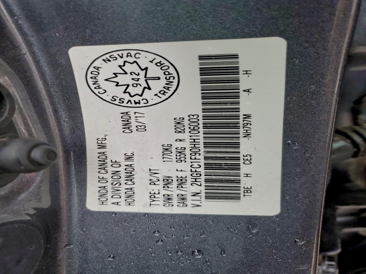 2017 Honda Civic Touring VIN: 2HGFC1F90HH106003 Lot: 94537865