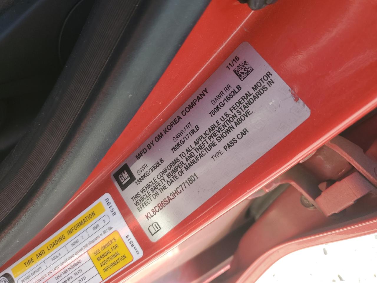 2017 Chevrolet Spark Ls VIN: KL8CB6SA3HC771801 Lot: 92895015