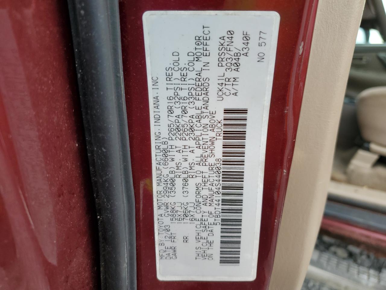 2004 Toyota Tundra Double Cab Sr5 VIN: 5TBDT44104S440038 Lot: 92111975