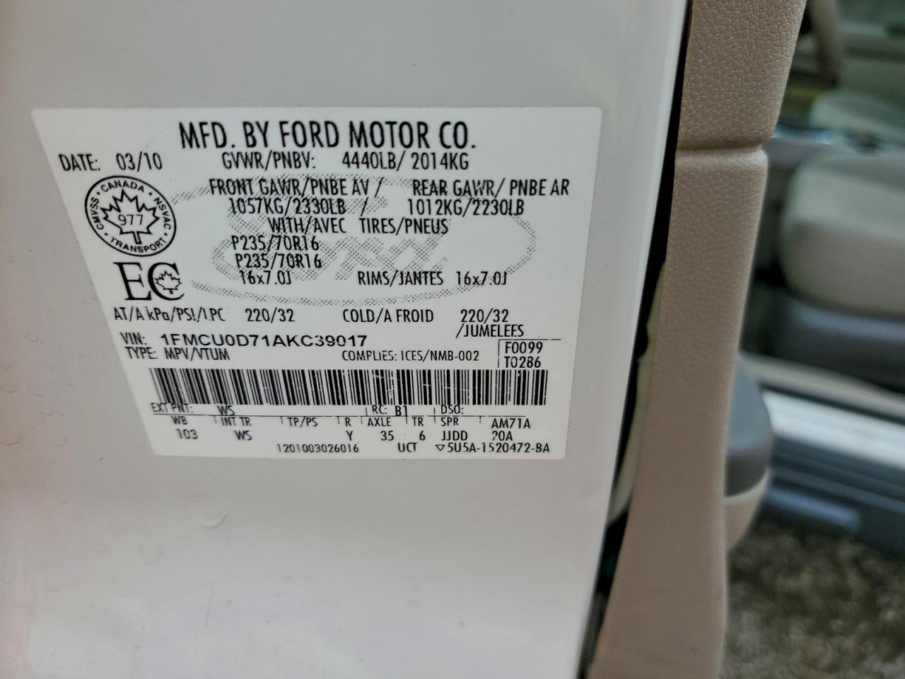 2010 Ford Escape Xlt VIN: 1FMCU0D71AKC39017 Lot: 94459635