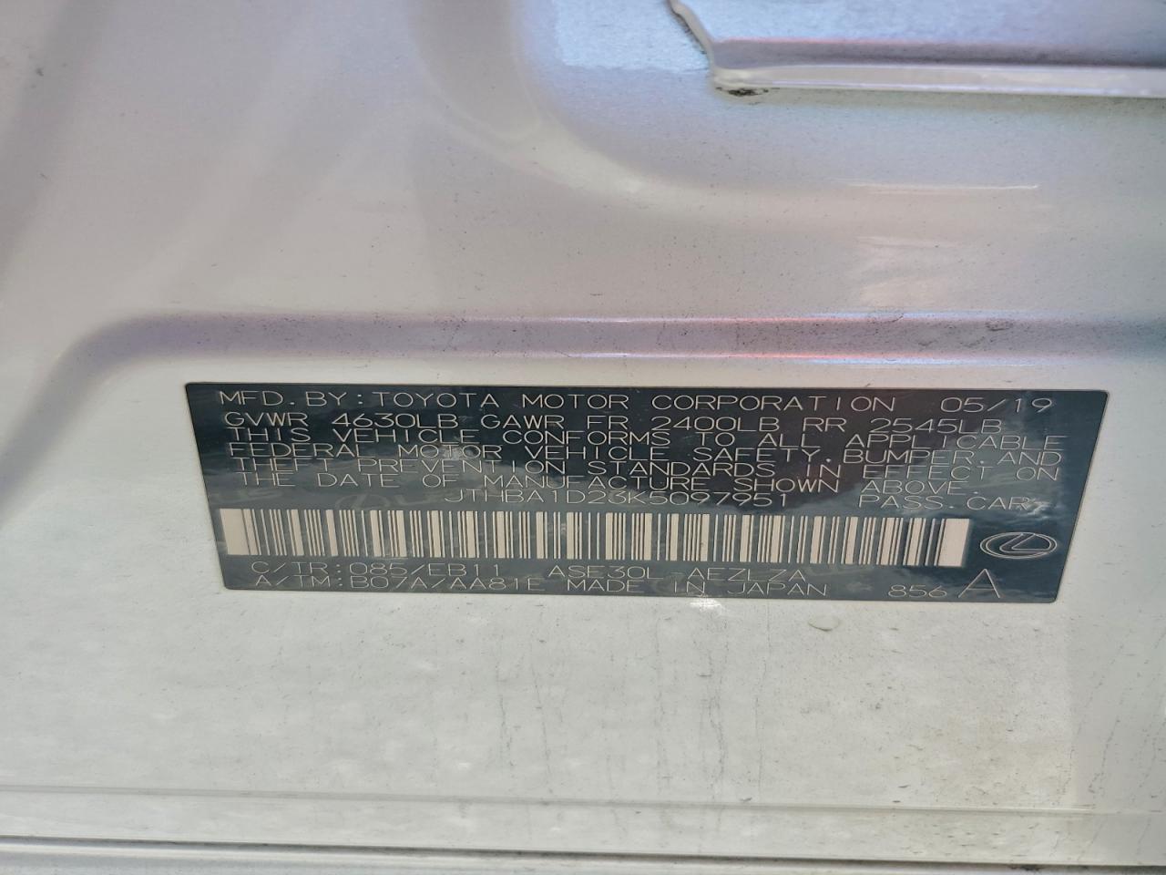 2019 Lexus Is 300 VIN: JTHBA1D23K5097951 Lot: 93137295