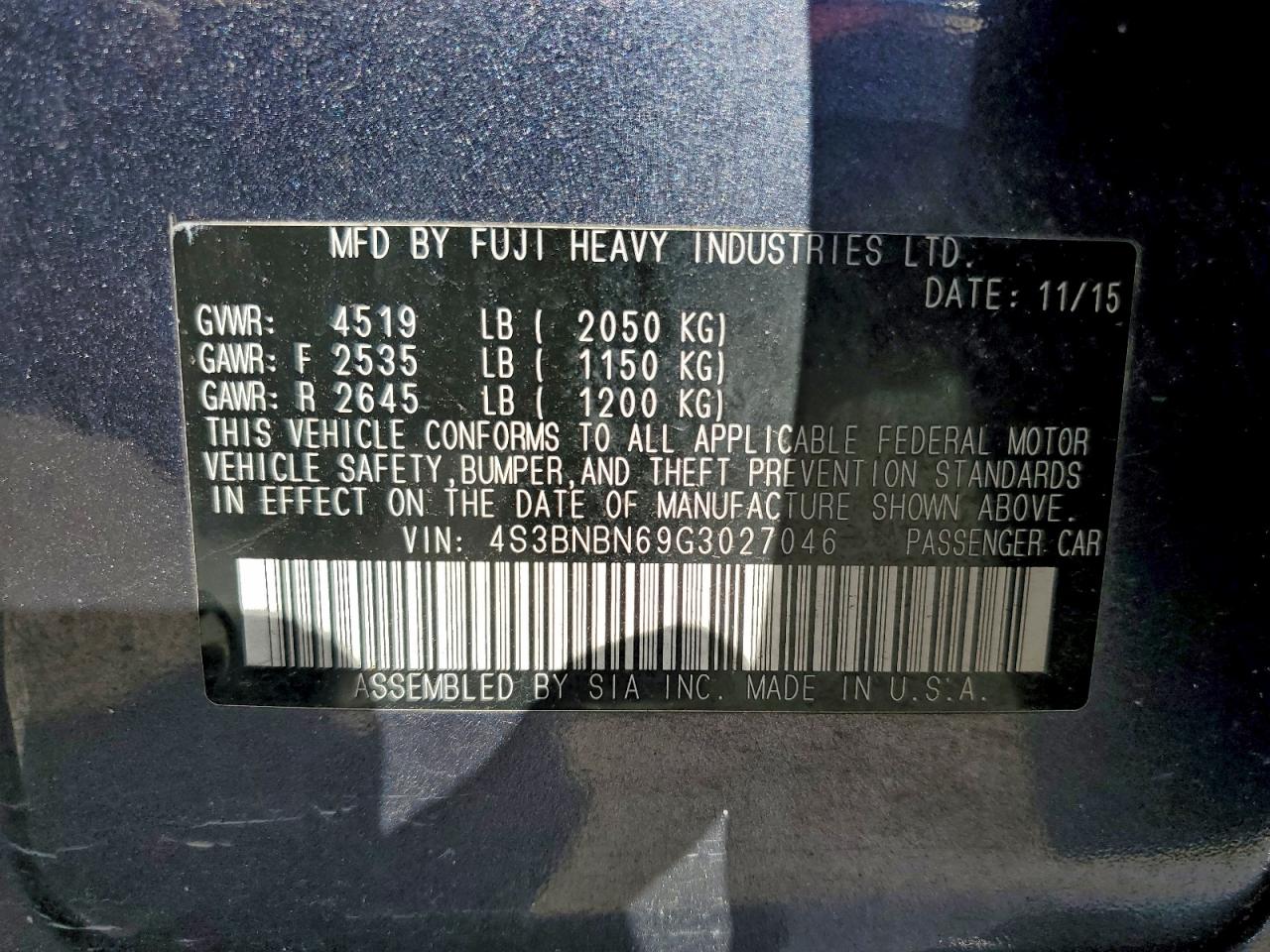 2016 Subaru Legacy 2.5I Limited VIN: 4S3BNBN69G3027046 Lot: 93986675