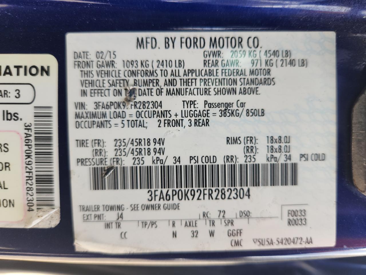 2015 Ford Fusion Titanium VIN: 3FA6P0K92FR282304 Lot: 92351065