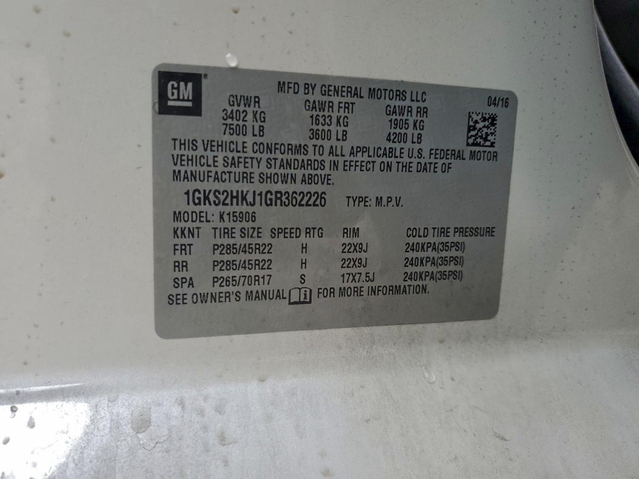 2016 GMC Yukon Xl Denali VIN: 1GKS2HKJ1GR362226 Lot: 93539795