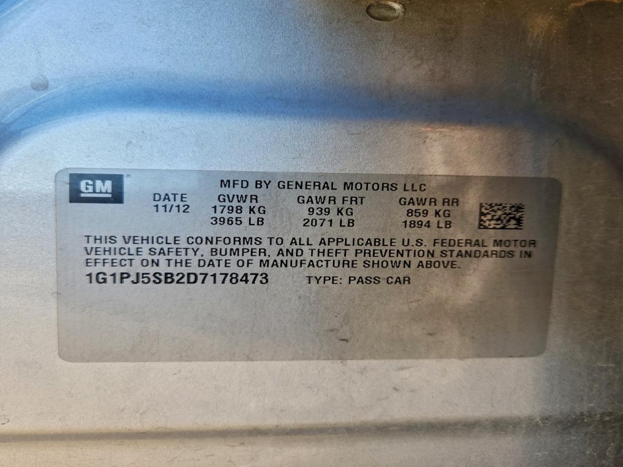 2013 Chevrolet Cruze Eco VIN: 1G1PJ5SB2D7178473 Lot: 94138915