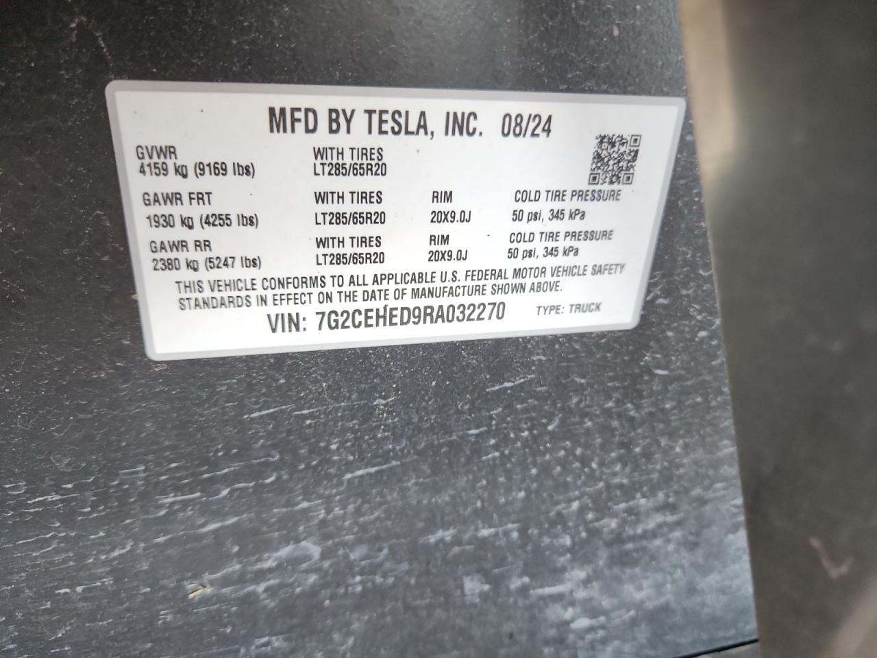 2024 Tesla Cybertruck VIN: 7G2CEHED9RA032270 Lot: 91235765