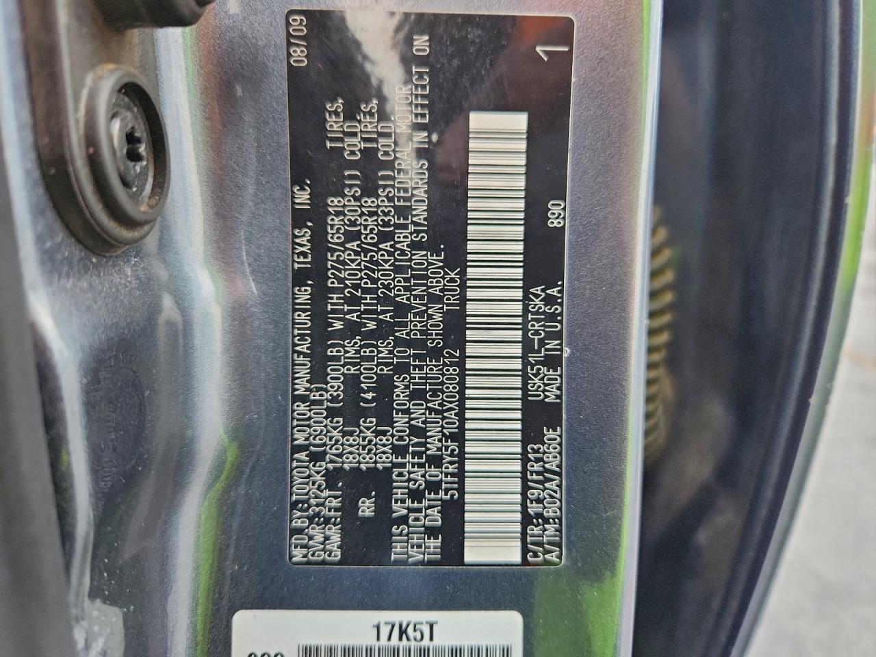 2010 Toyota Tundra Double Cab Sr5 VIN: 5TFRY5F10AX080812 Lot: 94405035