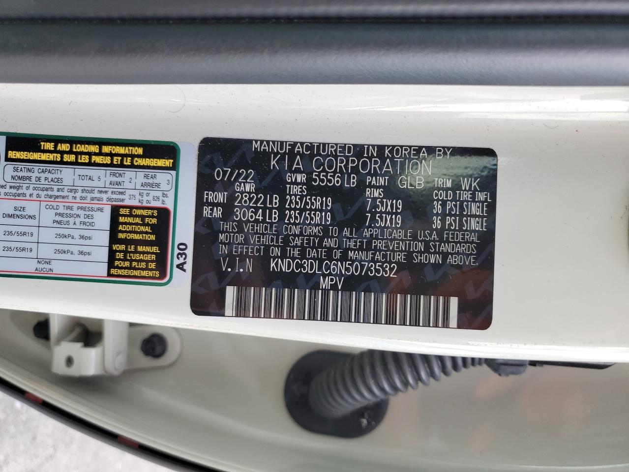 2022 Kia Ev6 Light VIN: KNDC3DLC6N5073532 Lot: 91842365