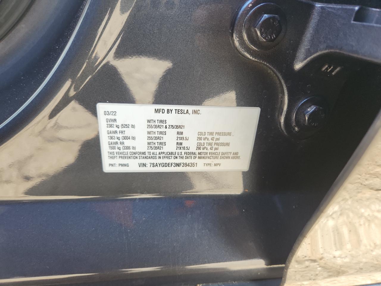 2022 Tesla Model Y VIN: 7SAYGDEF3NF394351 Lot: 91848215