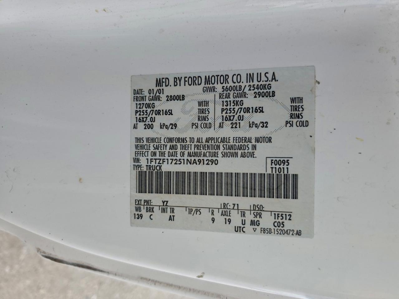 2001 Ford F150 VIN: 1FTZF17251NA91290 Lot: 92834545