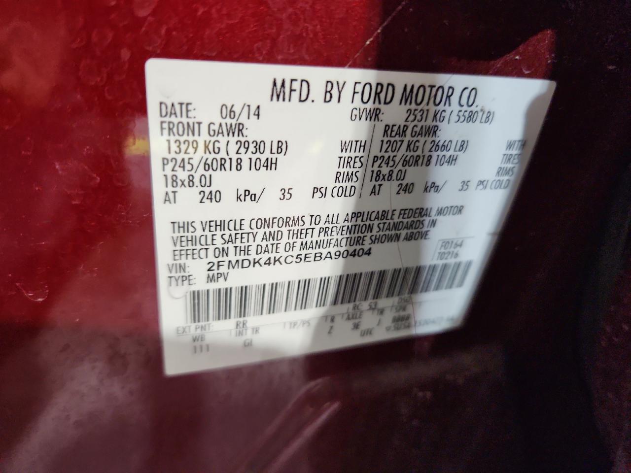 2014 Ford Edge Limited VIN: 2FMDK4KC5EBA90404 Lot: 91837245