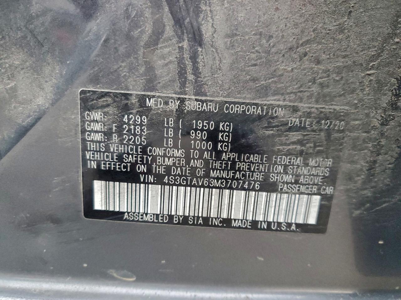2021 Subaru Impreza Premium VIN: 4S3GTAV63M3707476 Lot: 93712215