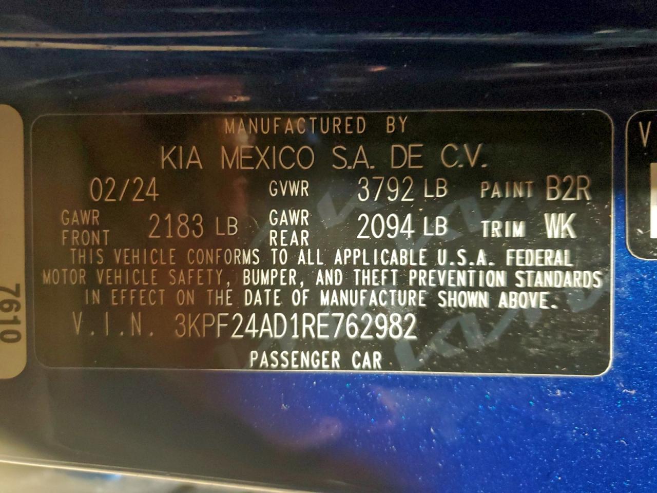 2024 Kia Forte Lx VIN: 3KPF24AD1RE762982 Lot: 94434475