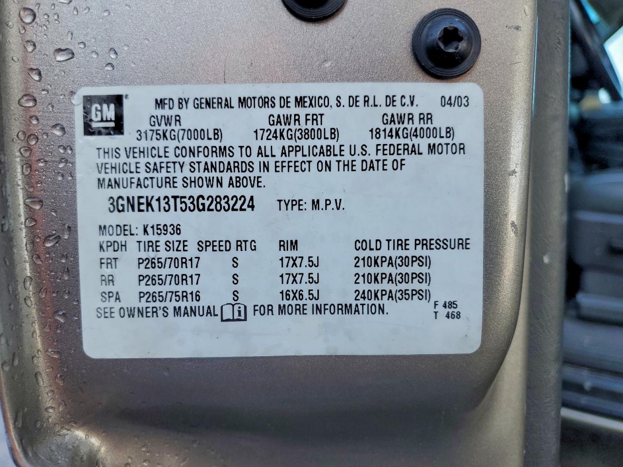 2003 Chevrolet Avalanche K1500 VIN: 3GNEK13T53G283224 Lot: 94327165