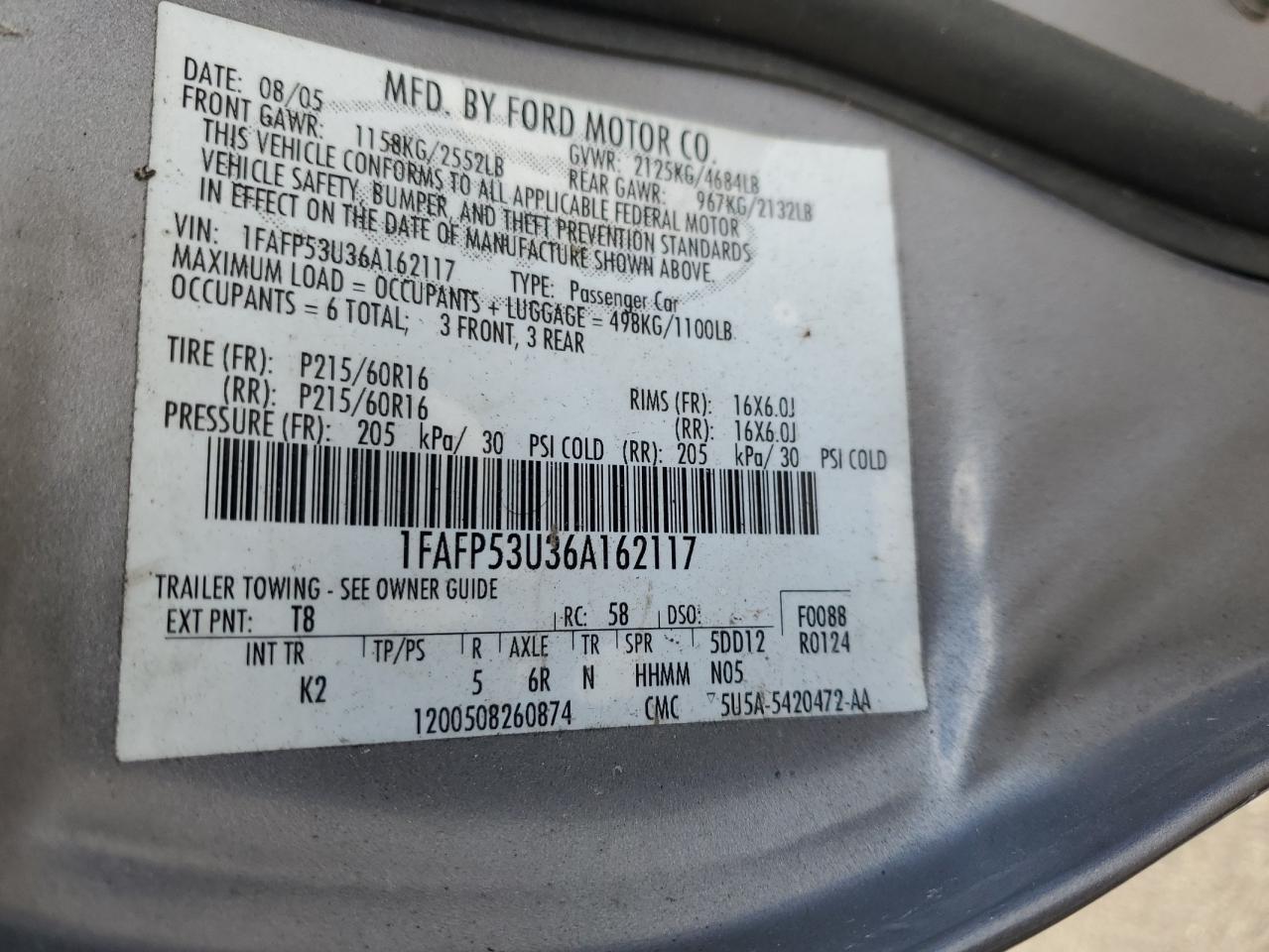 2006 Ford Taurus Se VIN: 1FAFP53U36A162117 Lot: 92591125