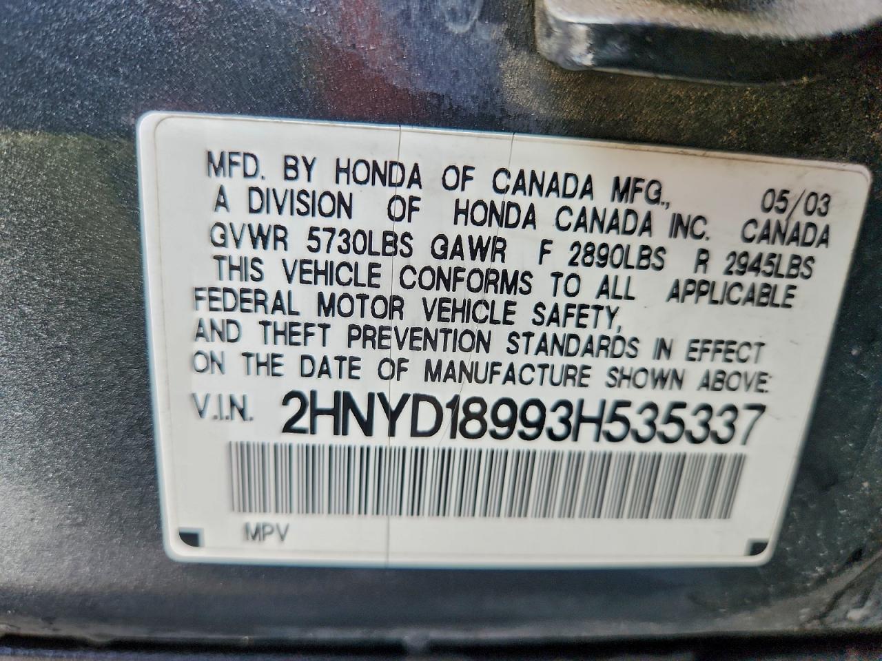 2003 Acura Mdx Touring VIN: 2HNYD18993H535337 Lot: 94278885