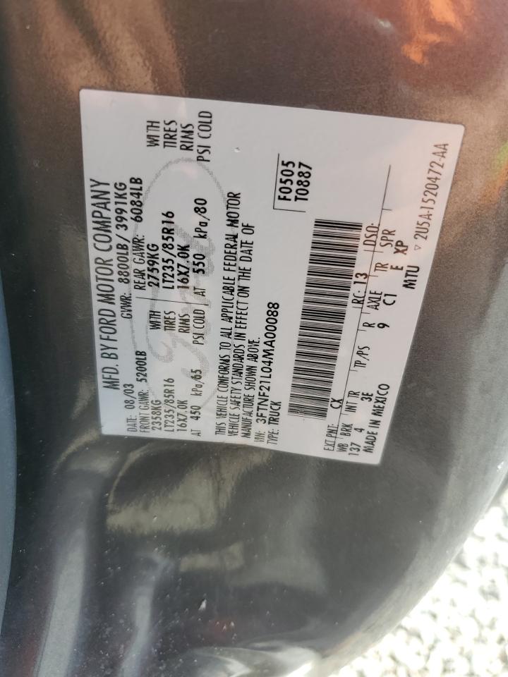 2004 Ford F250 Super Duty VIN: 3FTNF21L04MA00088 Lot: 92365245