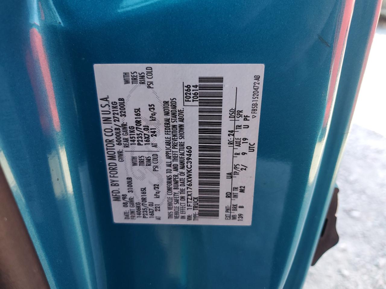 1998 Ford F150 VIN: 1FTZX176XWKC39460 Lot: 92800805