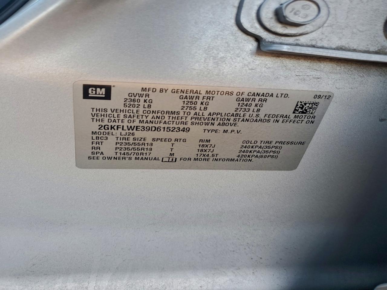 2013 GMC Terrain Slt VIN: 2GKFLWE39D6152349 Lot: 94666405