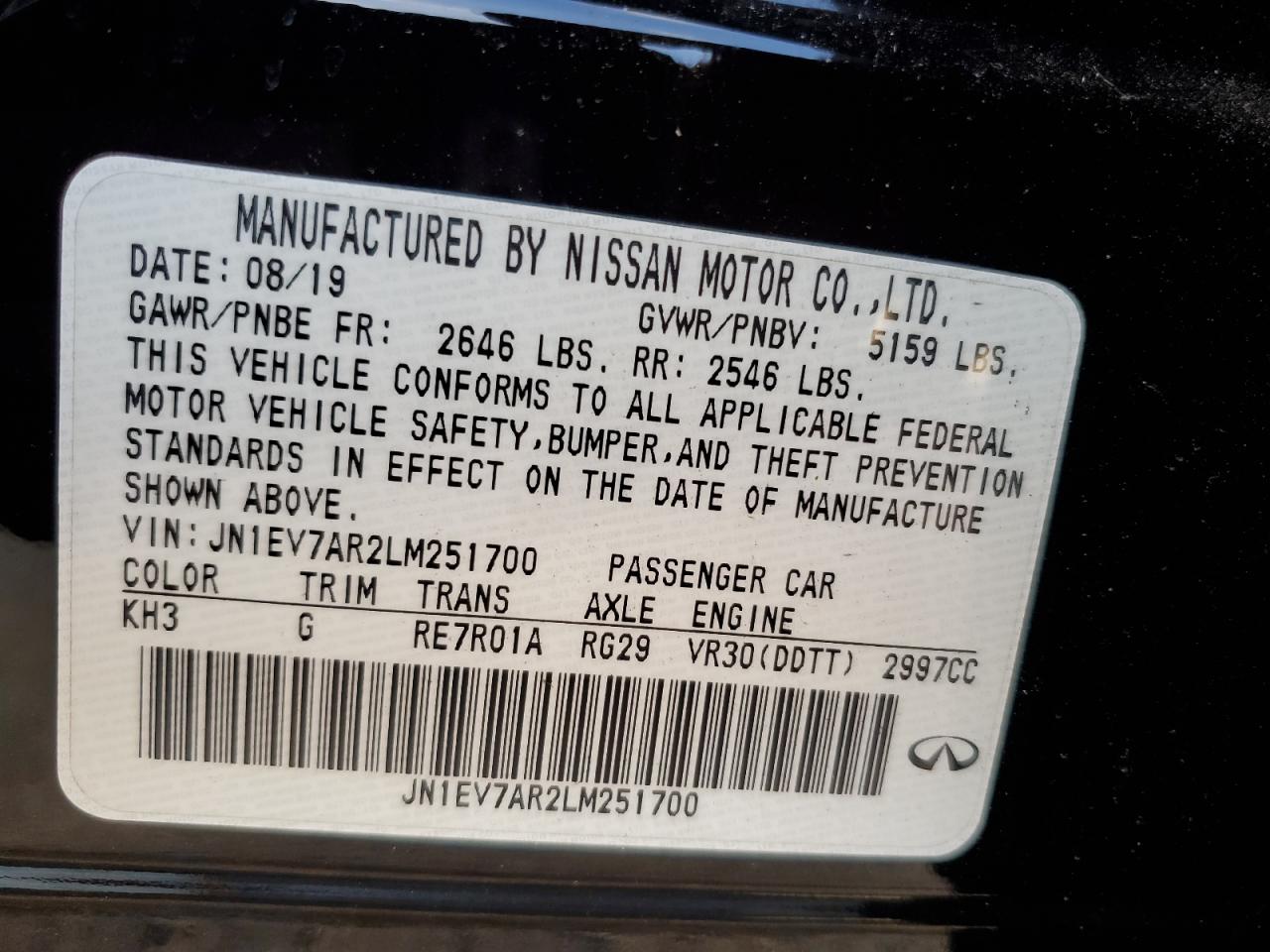 2020 Infiniti Q50 Pure VIN: JN1EV7AR2LM251700 Lot: 92016595