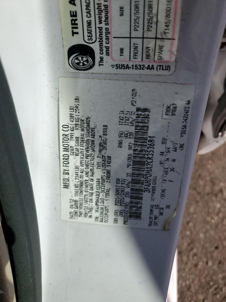 2012 Ford Fusion Se VIN: 3FAHP0HA2CR353684 Lot: 91234795