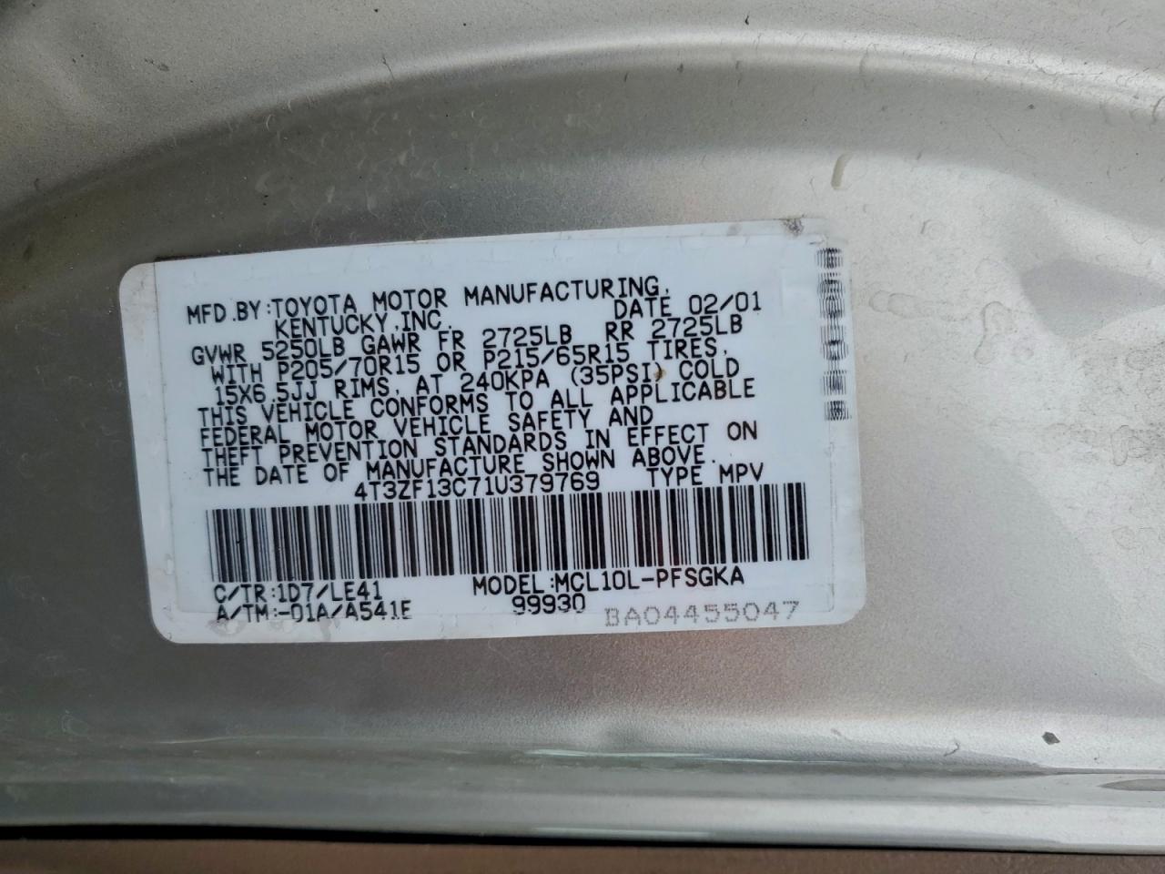 2001 Toyota Sienna Le VIN: 4T3ZF13C71U379769 Lot: 92490815