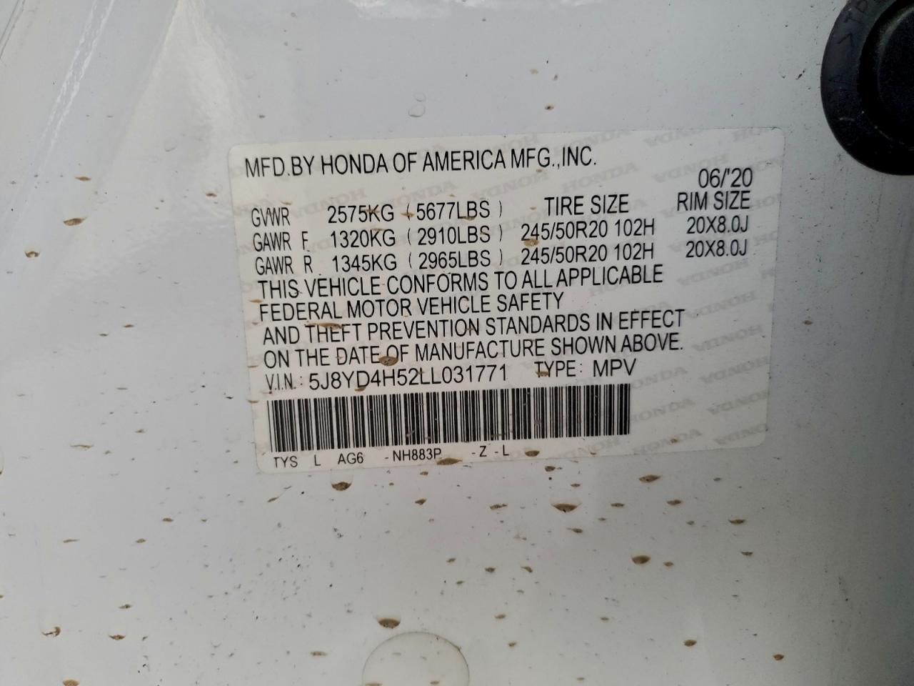 2020 Acura Mdx Technology VIN: 5J8YD4H52LL031771 Lot: 94282645