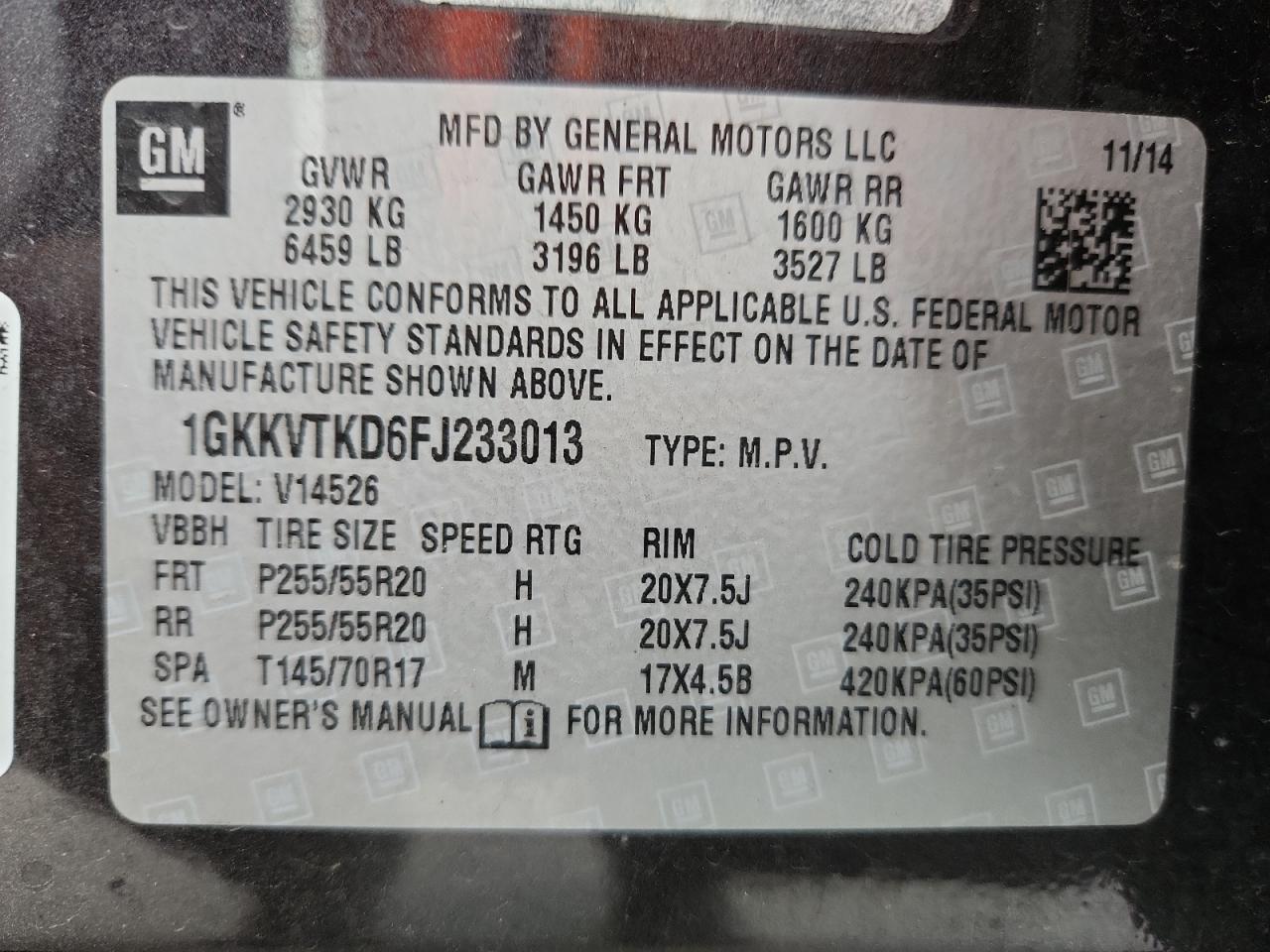 2015 GMC Acadia Denali VIN: 1GKKVTKD6FJ233013 Lot: 92884665