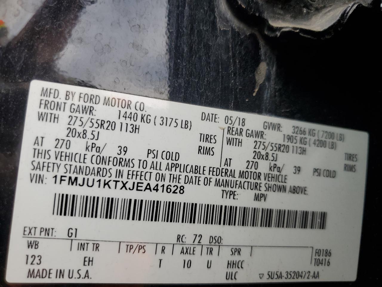 2018 Ford Expedition Limited VIN: 1FMJU1KTXJEA41628 Lot: 92238425