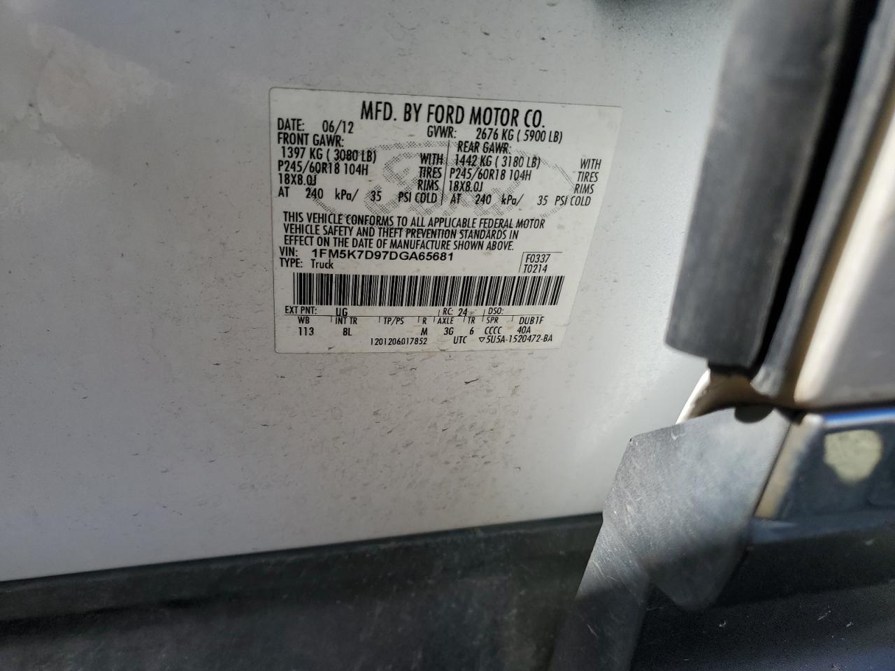 2013 Ford Explorer Xlt VIN: 1FM5K7D97DGA65681 Lot: 91823475