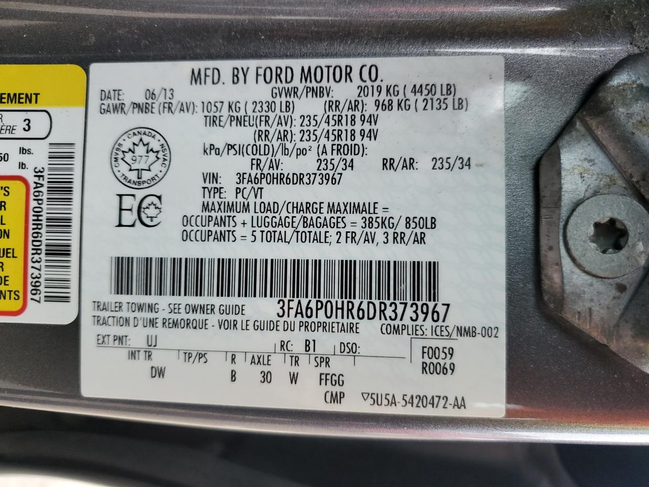 2013 Ford Fusion Se VIN: 3FA6P0HR6DR373967 Lot: 92455315