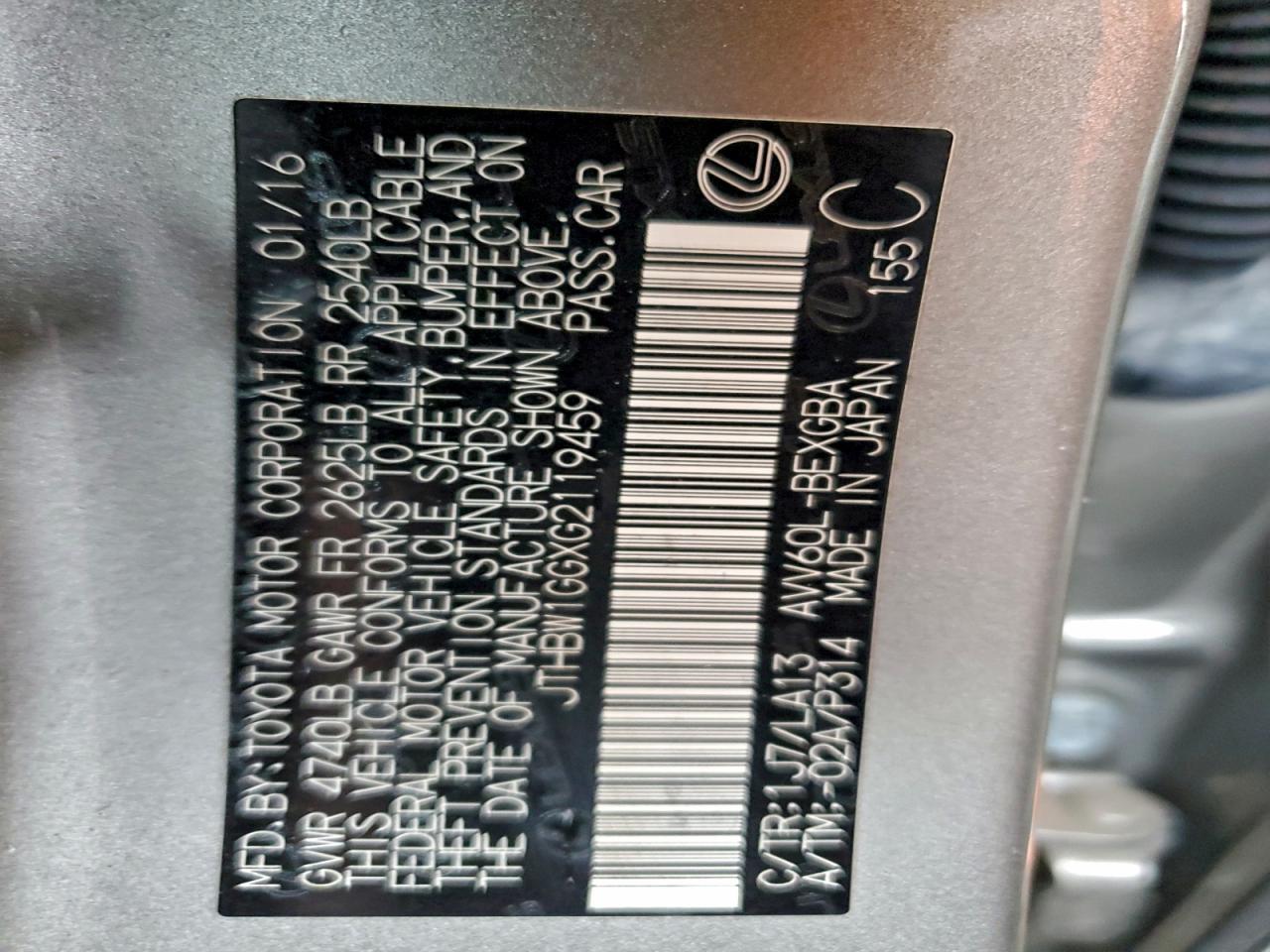 2016 Lexus Es 300H VIN: JTHBW1GGXG2119459 Lot: 94130175