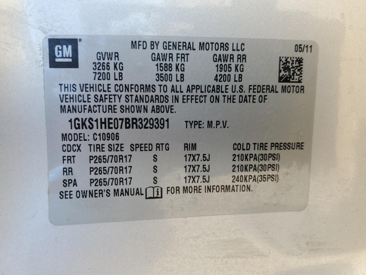 2011 GMC Yukon Xl C1500 Sle VIN: 1GKS1HE07BR329391 Lot: 91120935
