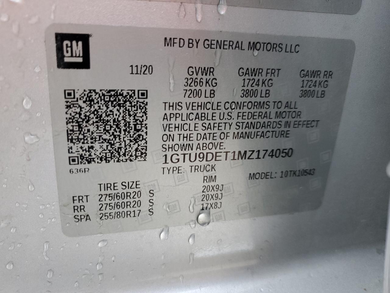 2021 GMC Sierra K1500 Slt VIN: 1GTU9DET1MZ174050 Lot: 92065605