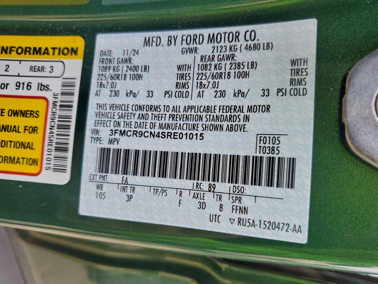 2025 Ford Bronco Sport Outer Banks VIN: 3FMCR9CN4SRE01015 Lot: 94278455