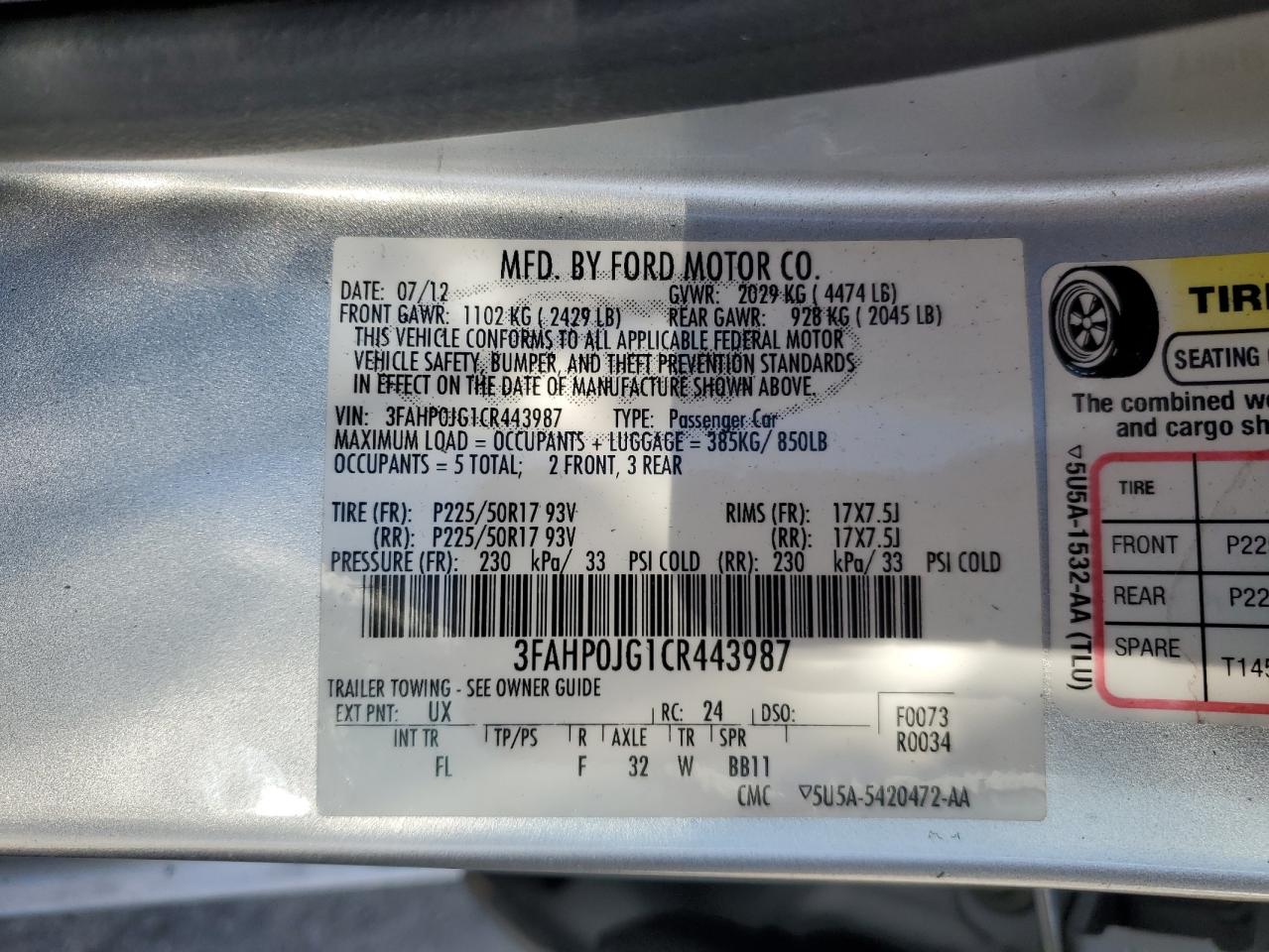 2012 Ford Fusion Sel VIN: 3FAHP0JG1CR443987 Lot: 91048065