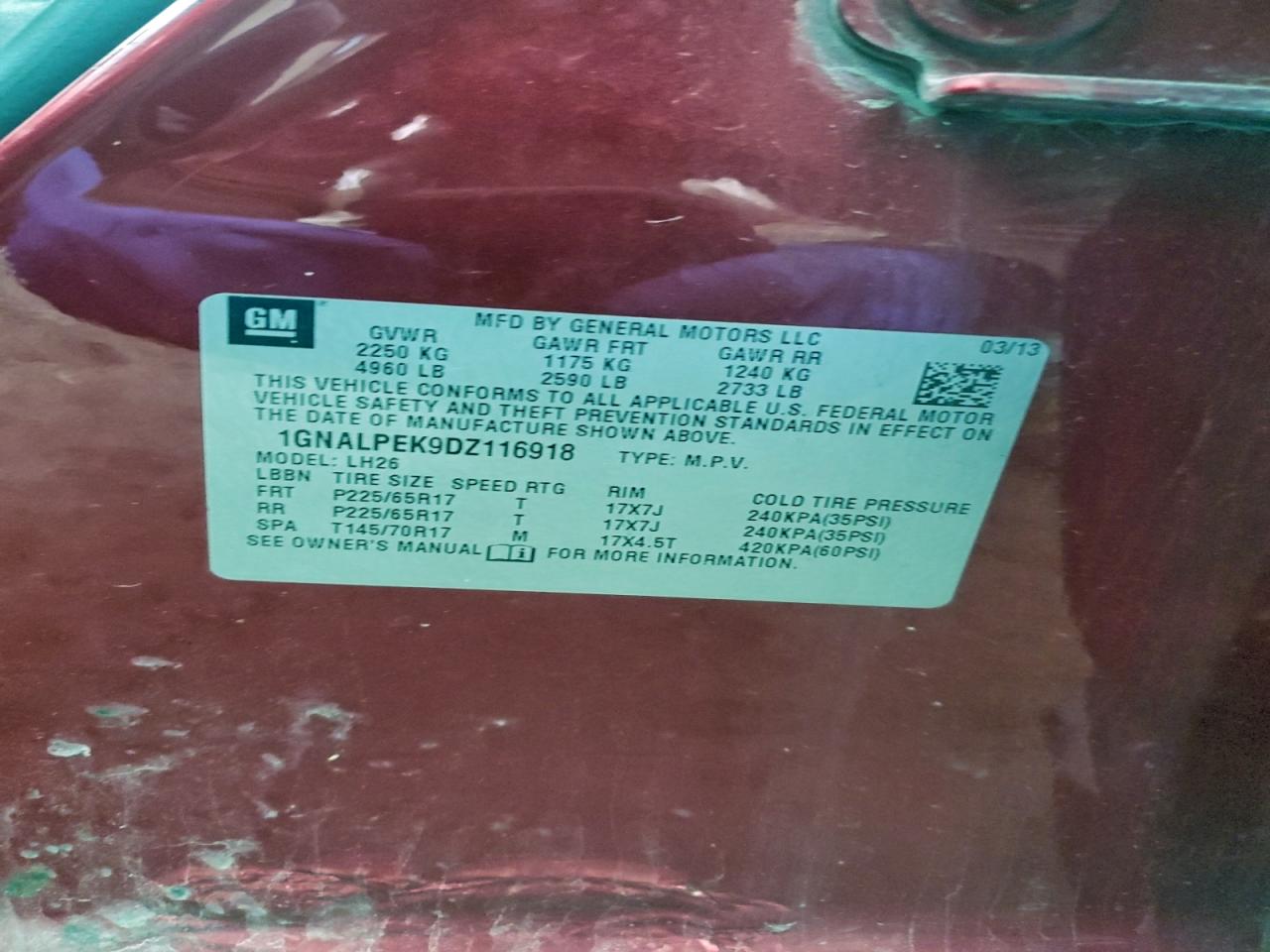 2013 Chevrolet Equinox Lt VIN: 1GNALPEK9DZ116918 Lot: 94777605