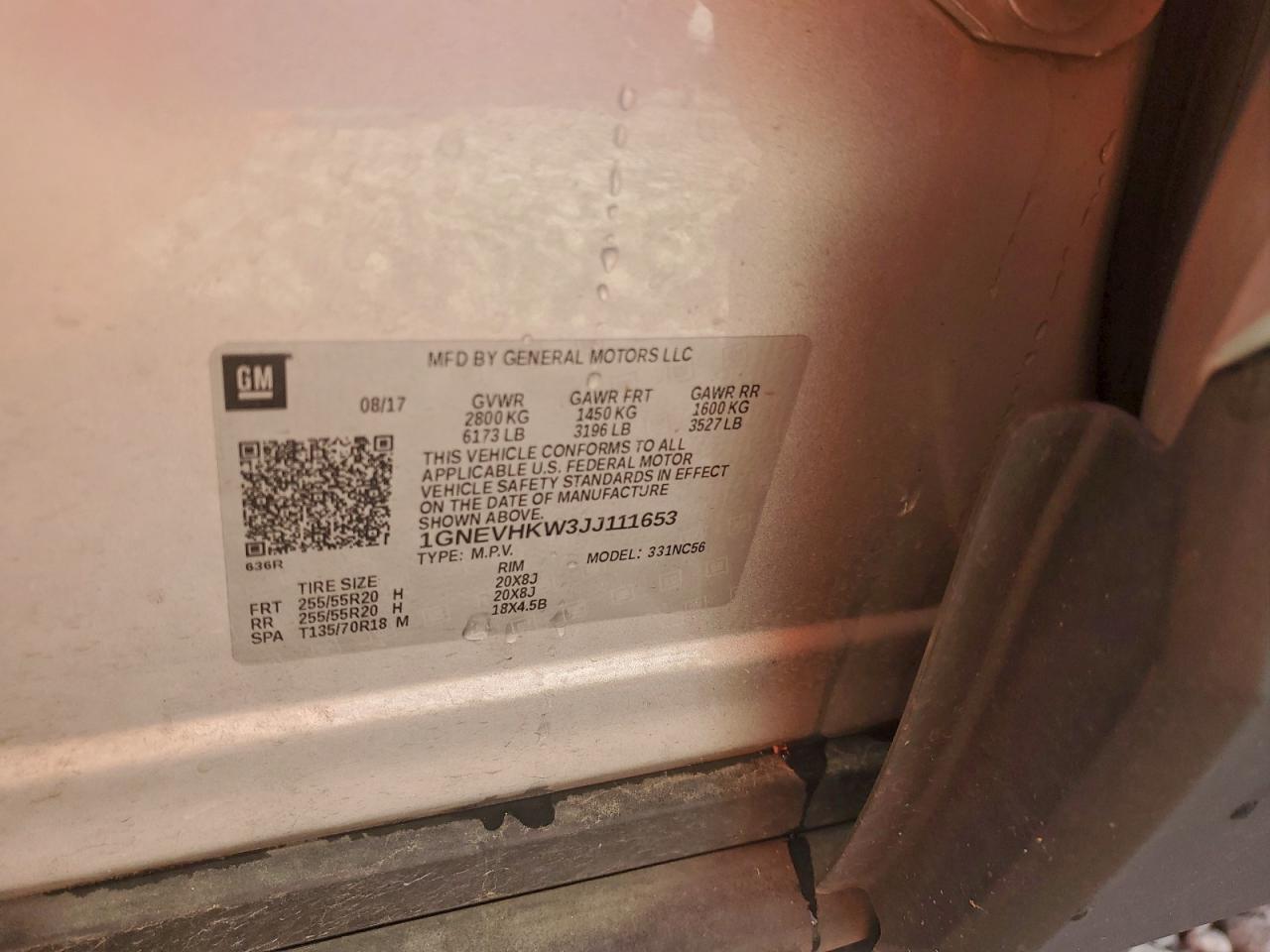 2018 Chevrolet Traverse Lt VIN: 1GNEVHKW3JJ111653 Lot: 93088105