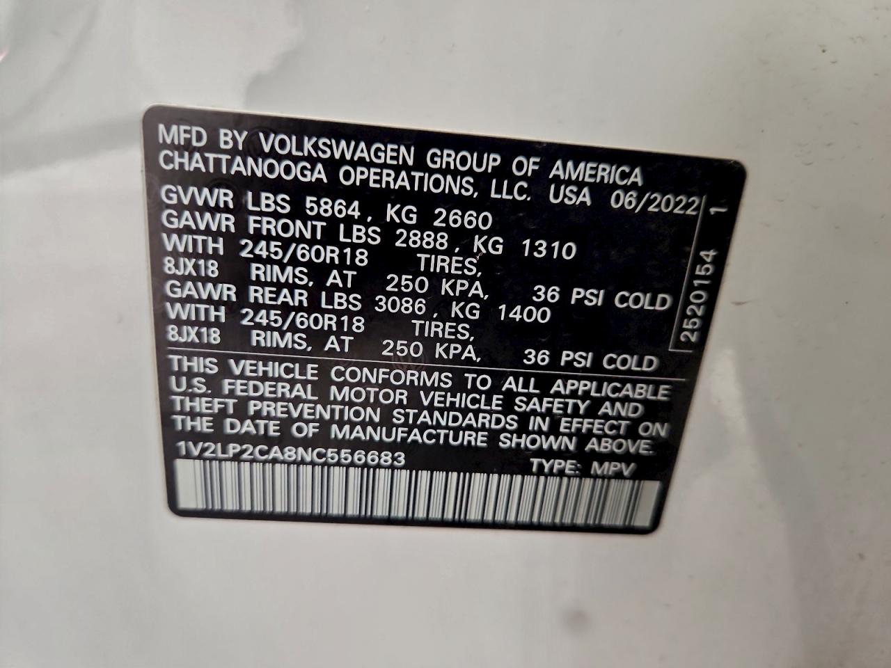 2022 Volkswagen Atlas Se VIN: 1V2LP2CA8NC556683 Lot: 91827935